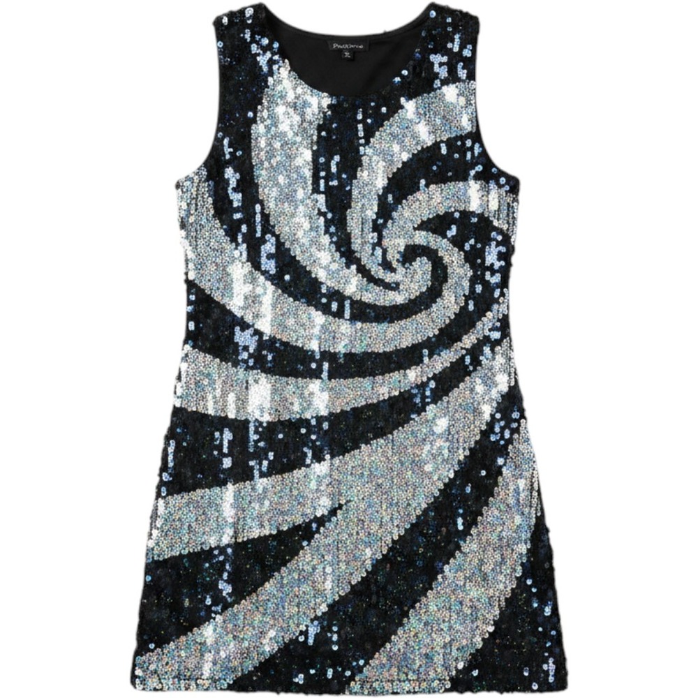 Sequin Swirl Mini Dress Black Silver Iridescent Party Sleeveless Size S 4/6